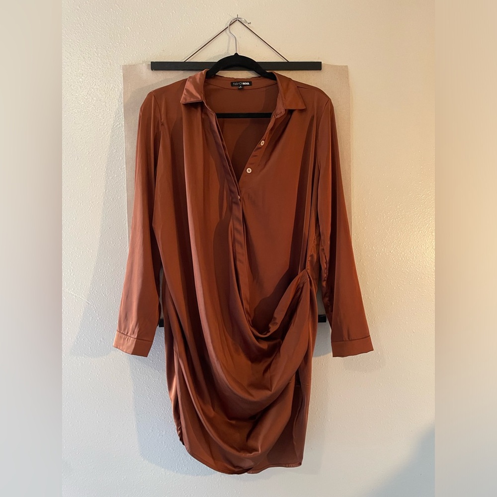 Fashion Nova “Satin” Button Down Mini Shirt Dress